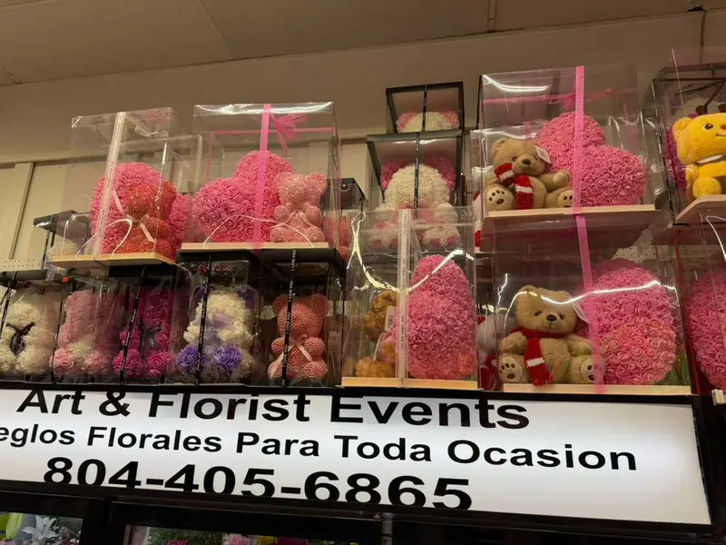 Mostrador de Art & Florist Events con el letrero 'Arreglos florales para toda ocasión'